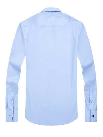 Camisa masculina com abotoaduras francesas, ajuste fino de manga comprida, manga de negócios, sem unhas, camisa formal masculina de cor sólida
