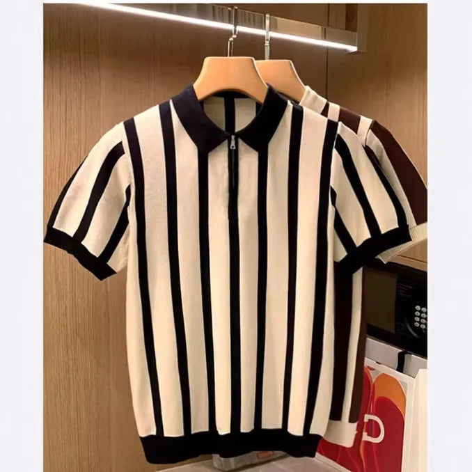 Camisa Polo Masculina de Seda Gelada com Zíper, Manga Curta, Ajuste Slim, Fina de Verão, Malha Fina, Estilo Casual, Padrão Listrado, Lavável à Máquina