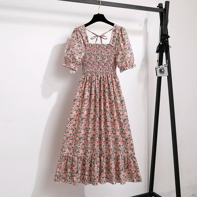 Verão plissado mulheres vestidos de chiffon casual praia férias manga curta gola quadrada mulher midi vestido boêmio mujer vestidos