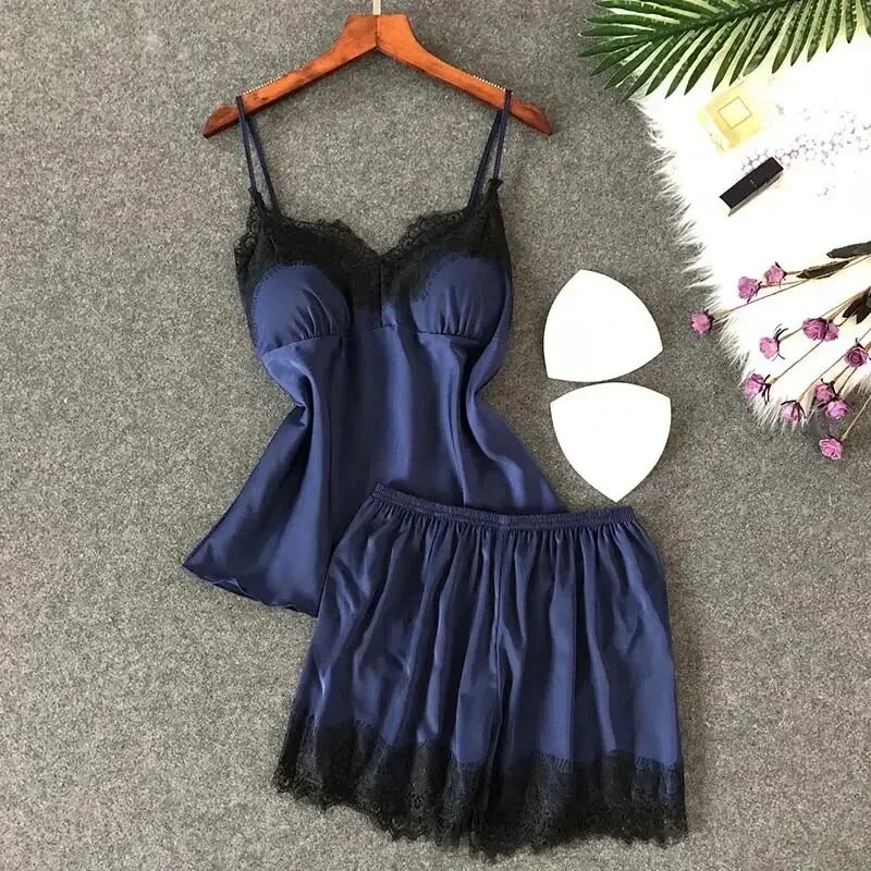 Duas pçs novo verão feminino com decote em v sexy conjunto de pijama de renda feminino sexy rendas suspender topo e shorts casual casa pijamas