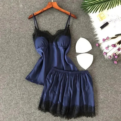Duas pçs novo verão feminino com decote em v sexy conjunto de pijama de renda feminino sexy rendas suspender topo e shorts casual casa pijamas