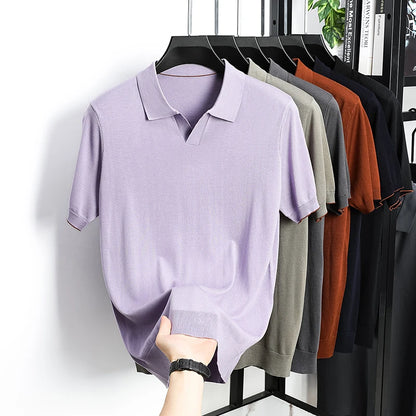 100% Lyocell malhas 2025 homens primavera verão na moda turn down collar malha camisetas manga curta respirável malha topos