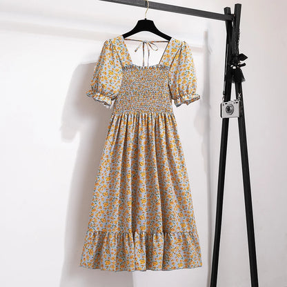 Verão plissado mulheres vestidos de chiffon casual praia férias manga curta gola quadrada mulher midi vestido boêmio mujer vestidos