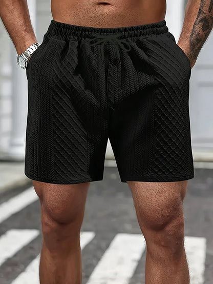 Shorts Casuais Masculinos de Malha Texturizada, Shorts de Verão com Cintura Elástica e Cordão com Bolsos para Uso Diário e Urbano
