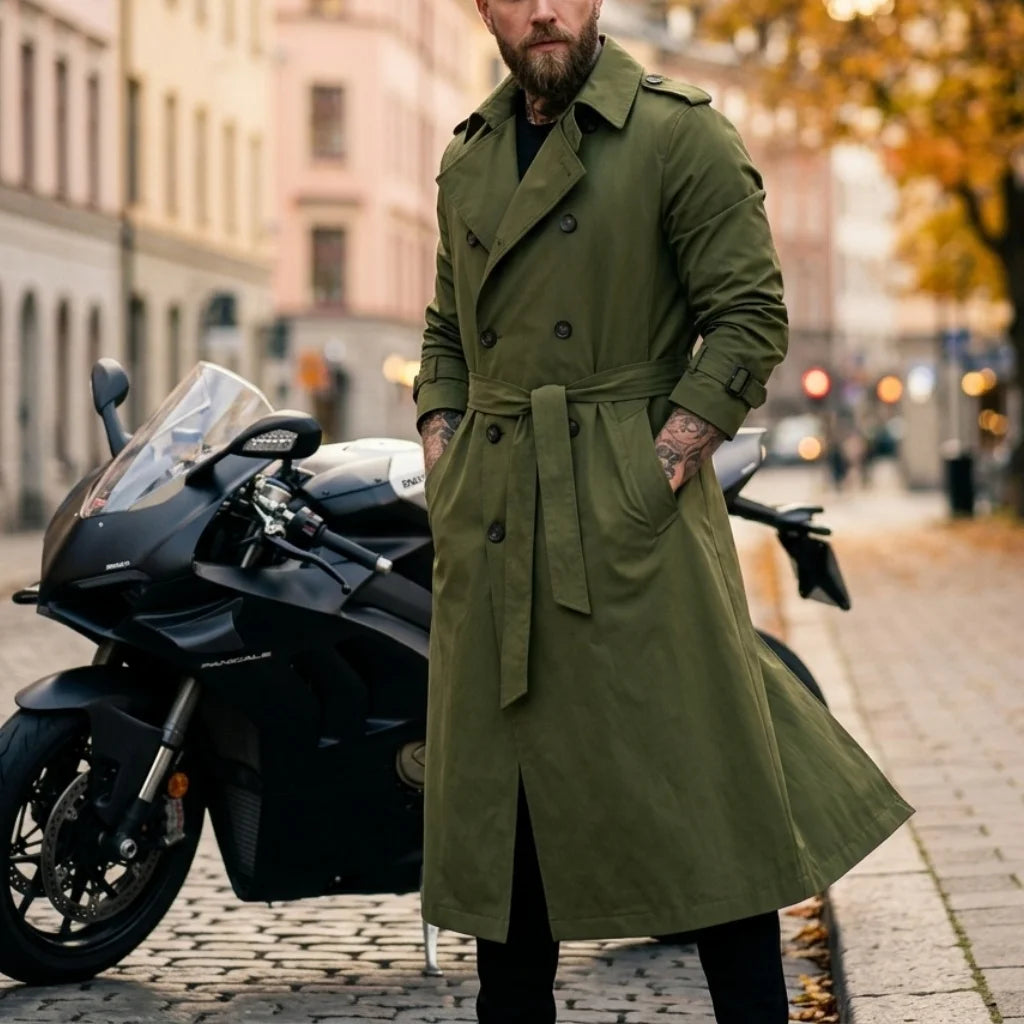 Casaco Masculino Fino de Outono, Estilo Trench Longo, com Cinto de Oferta, Extra Longo, Quebra-vento, Dragonas e Abotoamento Duplo, Vestuário Masculino Casual