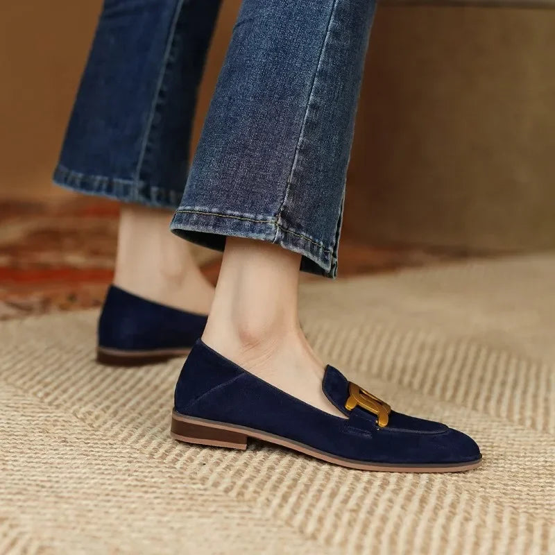 Ryamag mocassins femininos novos sapatos planos retro triunfo deslizamento-em mocassins femininos cabeça quadrada sapatos planos de salto baixo luxo