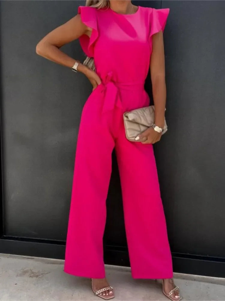 Elegante moda feminina branco borboleta manga macacão sólido casual o-pescoço cintos perna larga playsuit verão senhora do escritório macacões