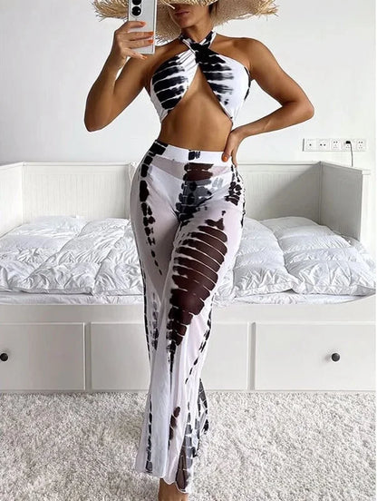 Conjunto de Biquíni Sexy de Três Peças com Calças Longas Estampadas, Moda Fena, Roupa de Banho Casual para Surf com Bojo ...