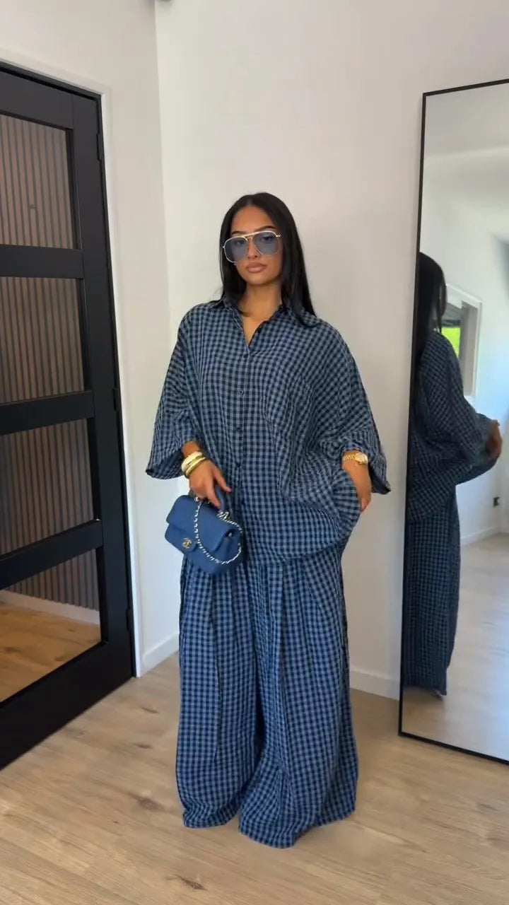 Fashion Solid Long Pants Set Women Chic Lapel Single Breasted Shirt High Waist Wide Leg Trousers 2026 Spring Summer 2 Pcs Outfit