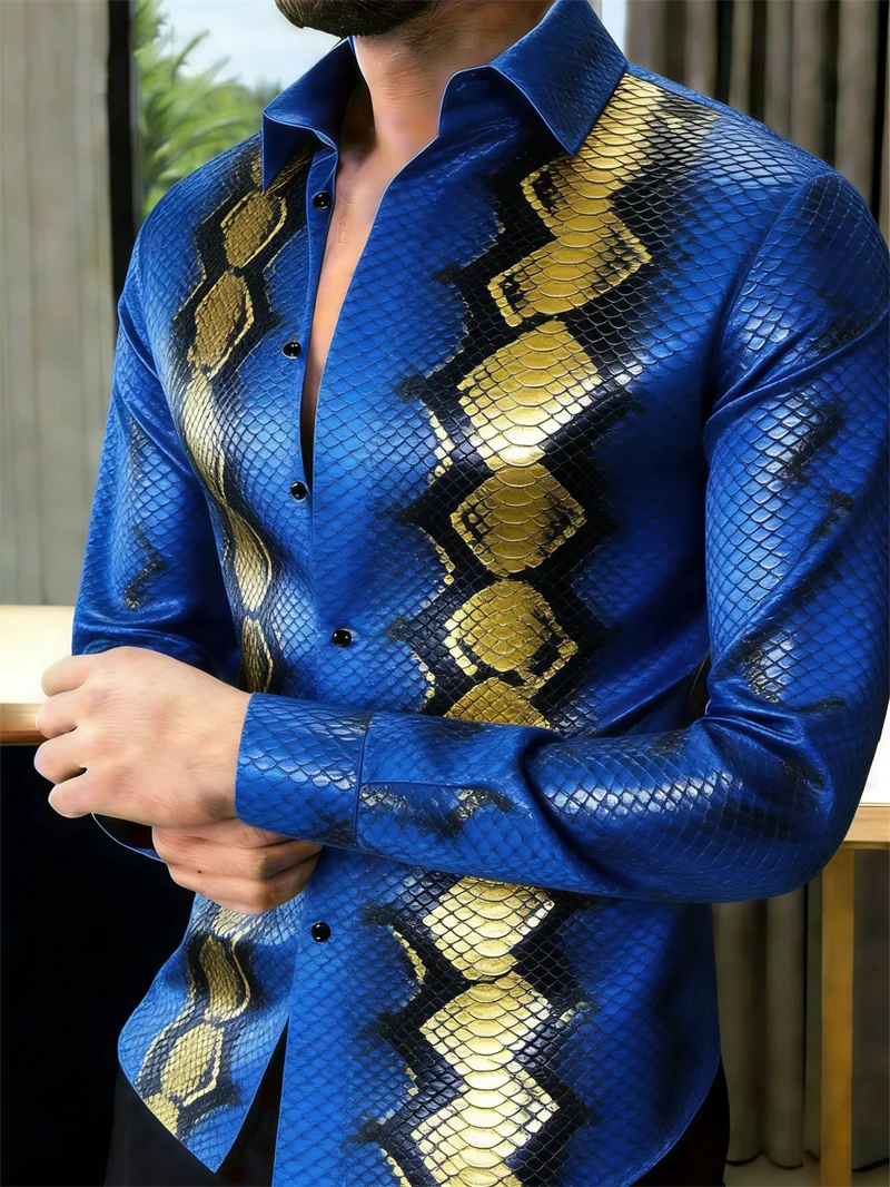 Nova Camisa Masculina Estampada em 3D com Escamas de Cobra, 10 Cores, Casual, de Manga Longa e com Botões