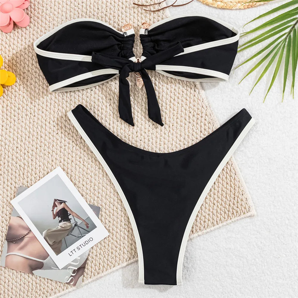 Conjunto de biquíni tomara que caia branco feminino, maiô sexy com fivela metálica em contraste, biquíni brasileiro cavado.