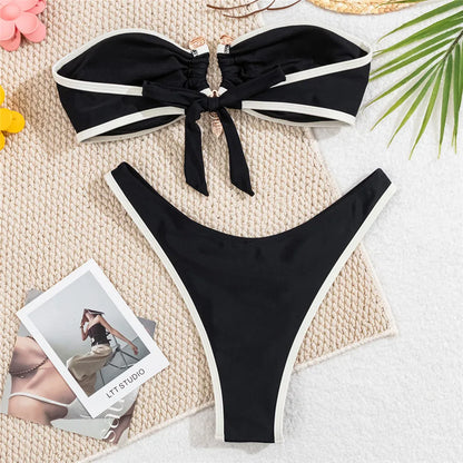 Conjunto de biquíni tomara que caia branco feminino, maiô sexy com fivela metálica em contraste, biquíni brasileiro cavado.