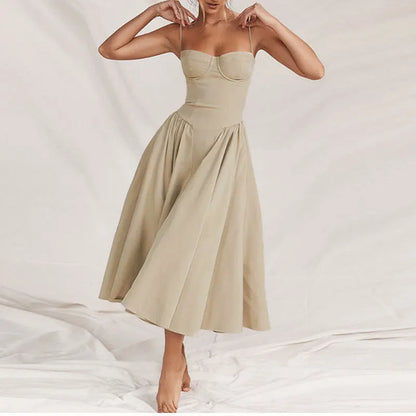 Elegante vestido plissado sem encosto sem mangas feminino, vestido Midi monocromático, vestido feminino de festa à noite, sexy, verão, 2024