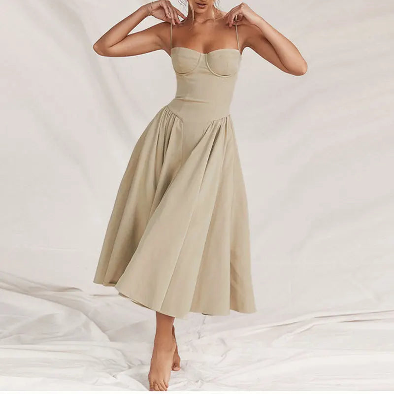 Elegante vestido plissado sem encosto sem mangas feminino, vestido Midi monocromático, vestido feminino de festa à noite, sexy, verão,
