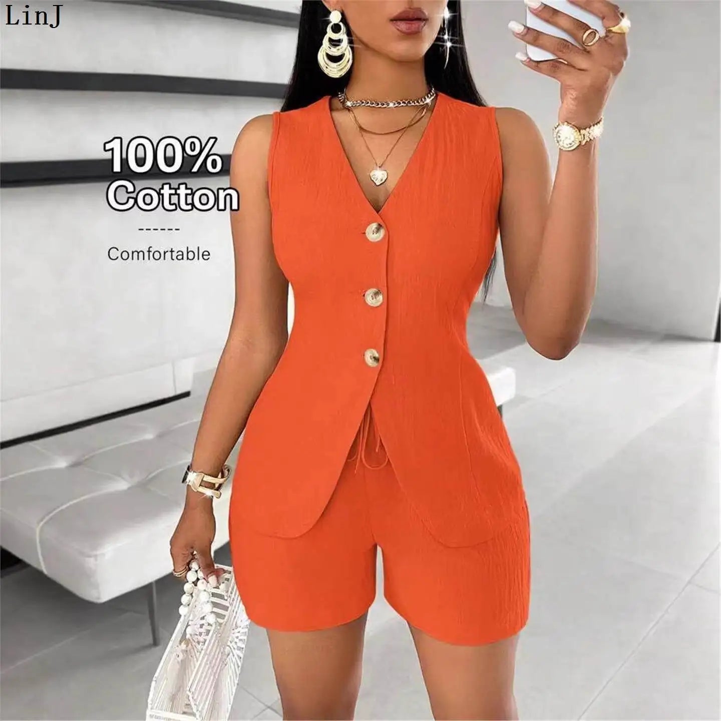 Conjunto Feminino Casual Spicy Girl 2026: Top Sem Mangas e Shorts com Cinto – Terno de Três Peças Moderno para Primavera, Verão e Outono