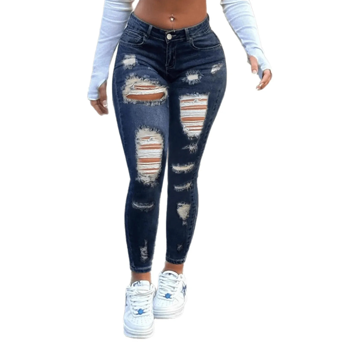 Calça Jeans Skinny Casual Rasgada com Bolsos Laterais e Detalhes Desgastados, Cintura Média, Botões Frontais, Jeans de Alta Elasticidade para Outono
