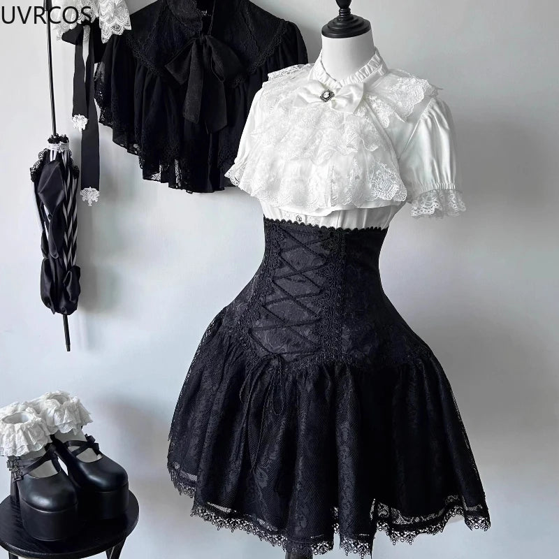 Estilo gótico japonês strass arco saia conjunto feminino doce rendas babados camisas bandagem fina mini saia feminina lolita y2k outfits
