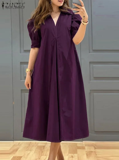ZANZEA-Vestido plissado com decote em v feminino, monocromático, Puff manga curta, vestido Midi, solto, grandes dimensões, street fashion, verão, elegante, 2024