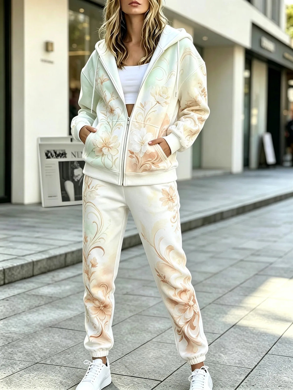 Conjunto Feminino de Moletom com Capuz e Calça com Zíper, Estampa 3D, Estilo Casual, Nova Coleção Primavera/Verão
