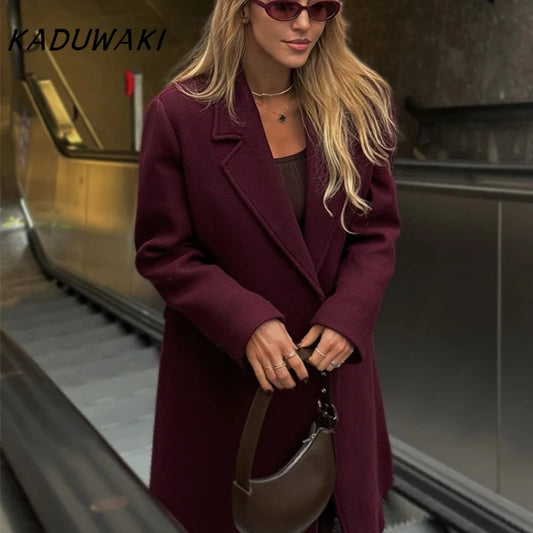 Casaco longo feminino KADUWAKI de lã, casual, elegante, com gola dobrável, mangas compridas, bolsos e abotoamento duplo, ideal para outono e inverno.