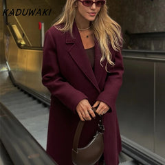 Casaco longo feminino KADUWAKI de lã, casual, elegante, com gola dobrável, mangas compridas, bolsos e abotoamento duplo, ideal para outono e inverno.