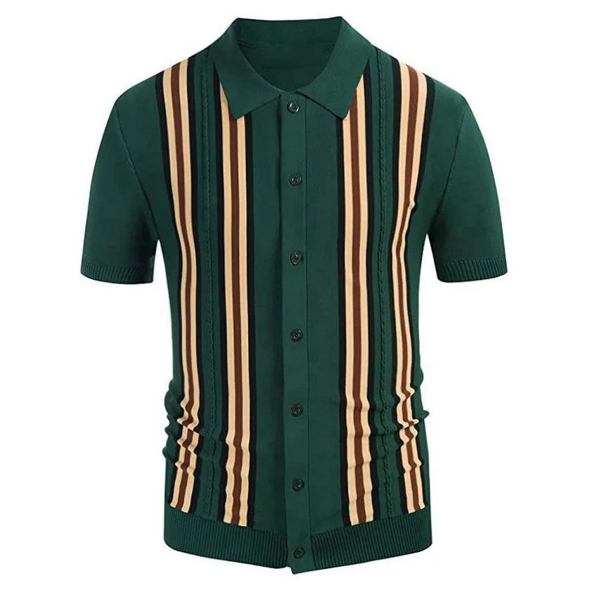 Novo verão camiseta masculina 2024 manga curta lapela listra impressão botão listra camisa polo moda pulôver topos