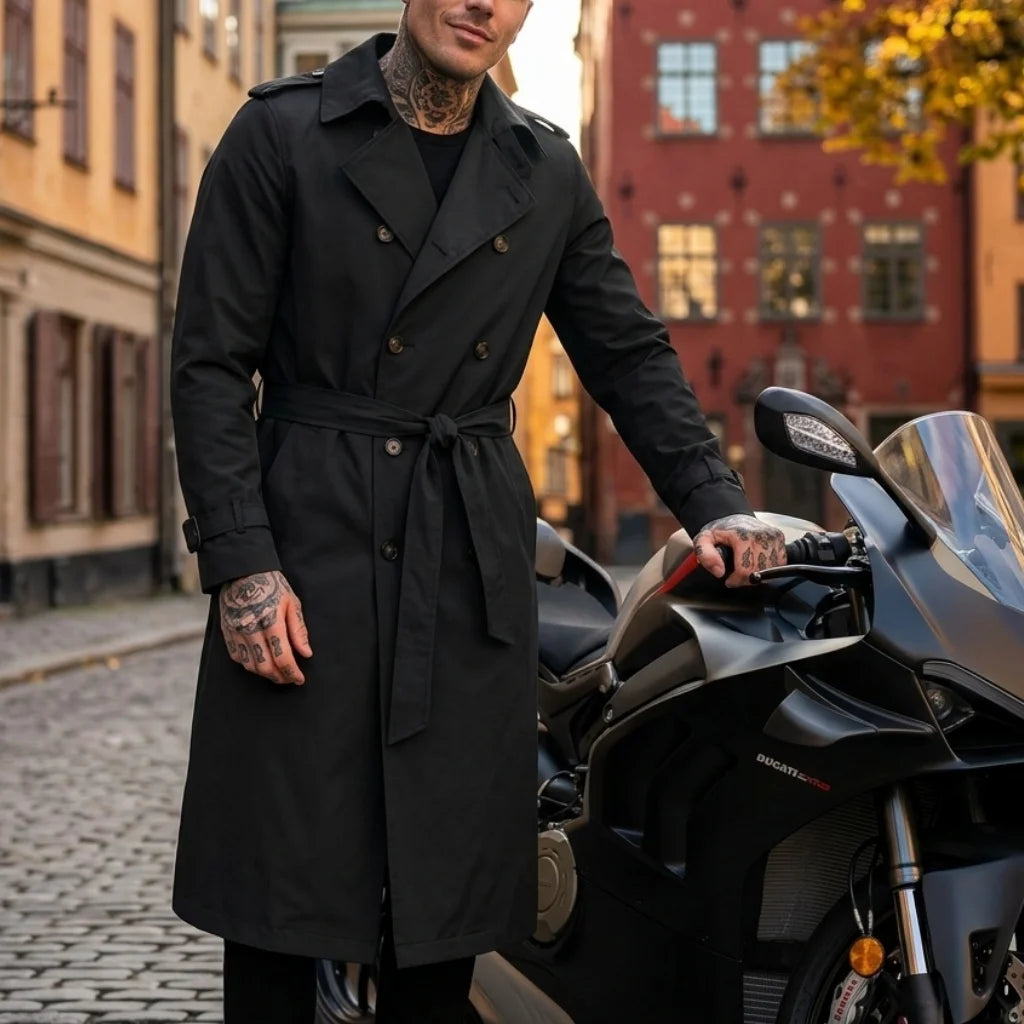 Casaco Masculino Fino de Outono, Estilo Trench Longo, com Cinto de Oferta, Extra Longo, Quebra-vento, Dragonas e Abotoamento Duplo, Vestuário Masculino Casual