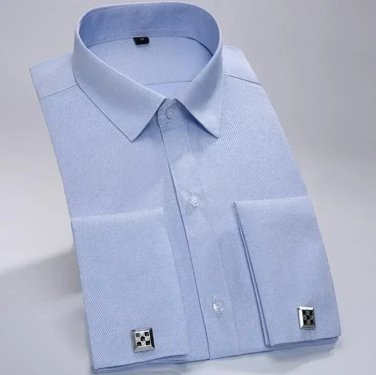 Quality French Cufflinks Shirt Men's Long Sleeve Tuxedo Male Brand Slim Fit White Button Cuff Social Men Dress Shirts