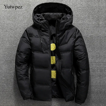 Casaco Casual com Capuz para Caminhadas ao Ar Livre em Cor Sólida, Jaqueta de Penas de Pato Branco para Homens, Casaco de Inverno Masculino à Prova de Vento com Capuz Removível
