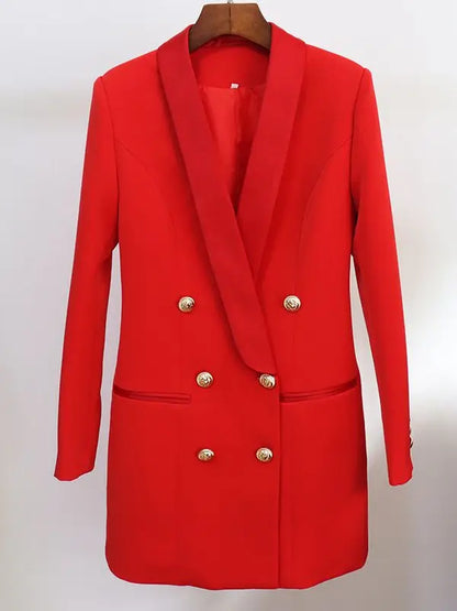 Blazer feminino de alta qualidade, modelo 2026, com botões de leão, abotoamento duplo, gola xale em cetim e modelagem longa.