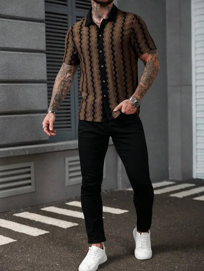 Camisa Clássica de Malha com Listras Xadrez para Homens, Manga Curta, Botão Frontal, Colarinho Tradicional, Estilo Vintage, Ajuste Slim