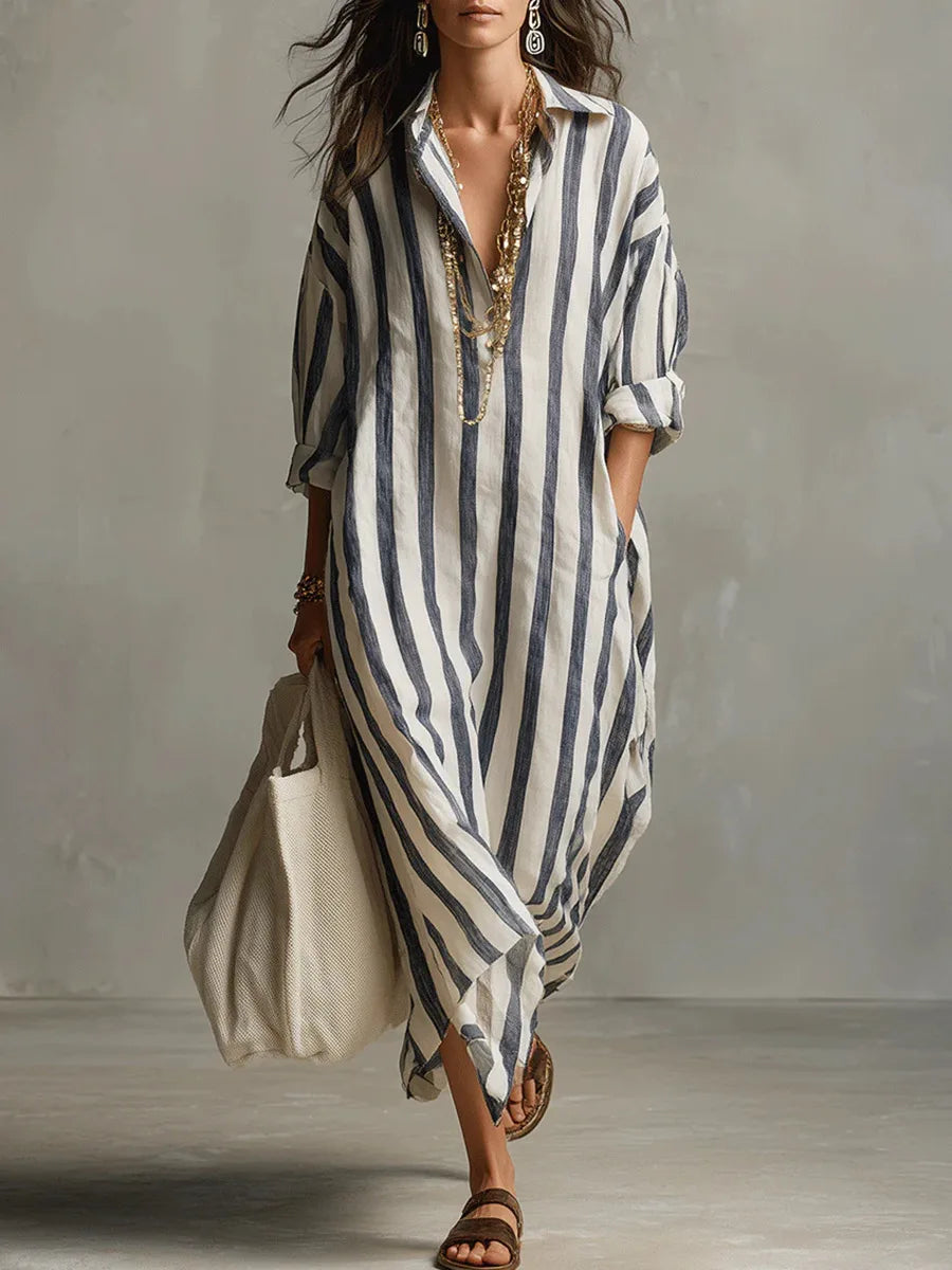 Vestido Chemise Longo Estampado Listrado com Decote V Solto, Tendência Oversize, Moda Primavera/Verão 2026, Novo Modelo para Comércio Europeu e Americano