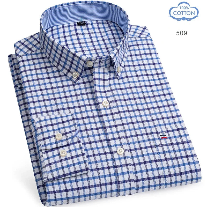 2025 camisa social masculina puro algodão oxford marca de luxo fino macio abotoado xadrez formal trabalho roupas ocidentais