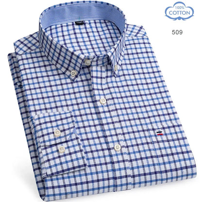 2025 camisa social masculina puro algodão oxford marca de luxo fino macio abotoado xadrez formal trabalho roupas ocidentais