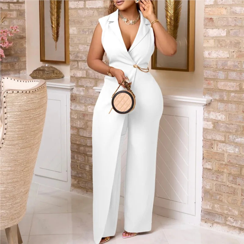 Moda feminina sem mangas terno gola cintura corrente macacão primavera verão sólido sem mangas de perna larga & playsuits macacão