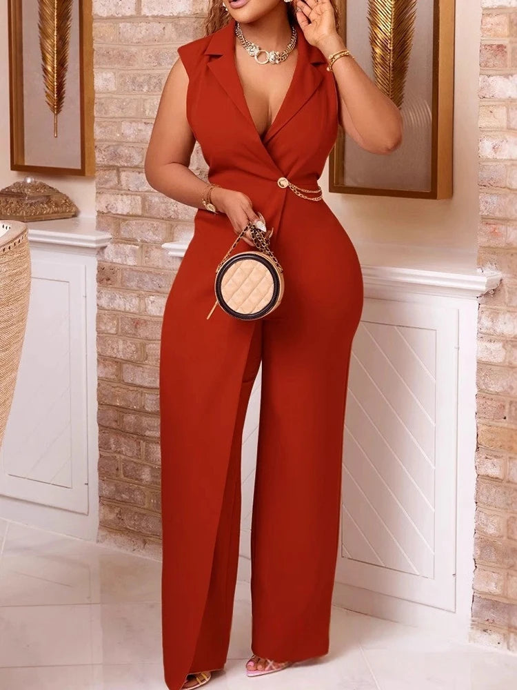 Macacão feminino com corrente com decote em v blazer colarinho comprimento total macacão senhoras verão sem mangas atacado dropshipping