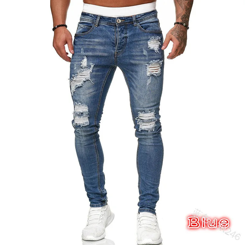 2025 New Solid Color Fashion Men Casual Pants Stretch Jeans Skinny Work Trousers Male Wash Slim Fit for Zippered Jeans Men Cloth