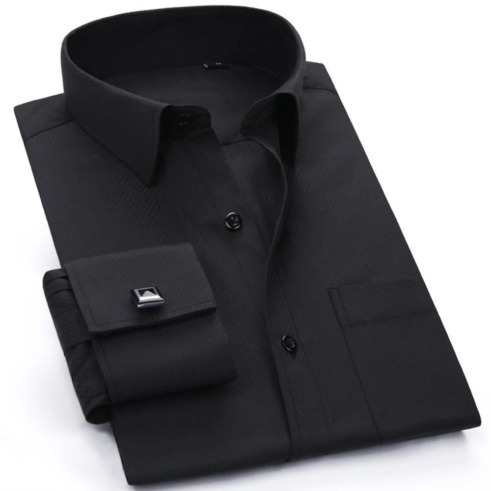 Camisa masculina com gola espalhada, punho francês, manga comprida, botões formais de negócios, camisas de casamento masculinas, ajuste regular, camisa com abotoaduras