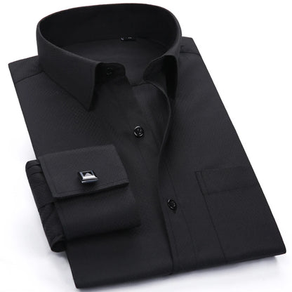 Camisa masculina com gola espalhada, punho francês, manga comprida, botões formais de negócios, camisas de casamento masculinas, ajuste regular, camisa com abotoaduras