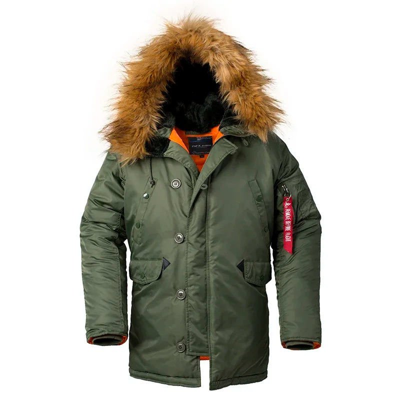 Exército coreano grosso parka inverno capuz de pele quente tático bombardeiro n3b puffer masculino longo à prova vento parkas casaco militar roupas masculinas