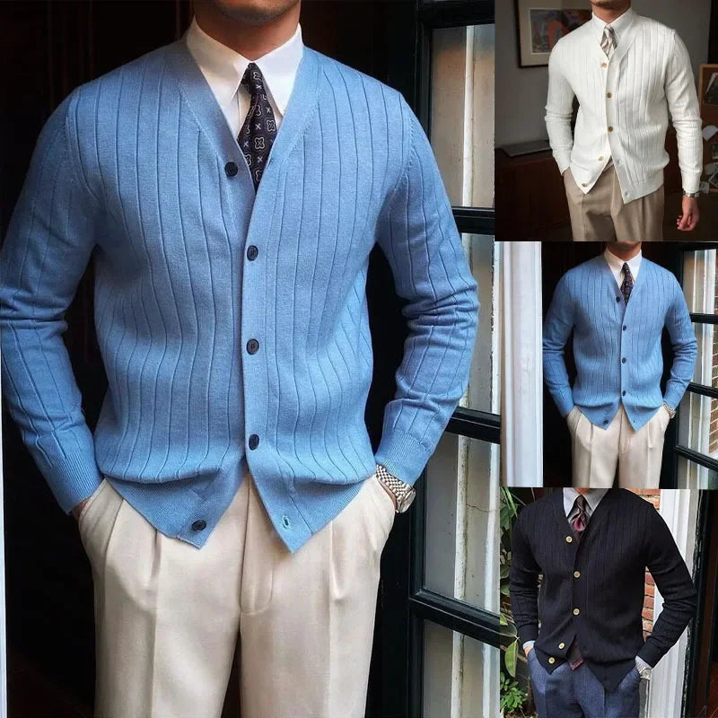 Outono inverno nova moda masculina cor sólida azul real branco preto manga longa com decote em v único breasted camisola de malha casaco masculino