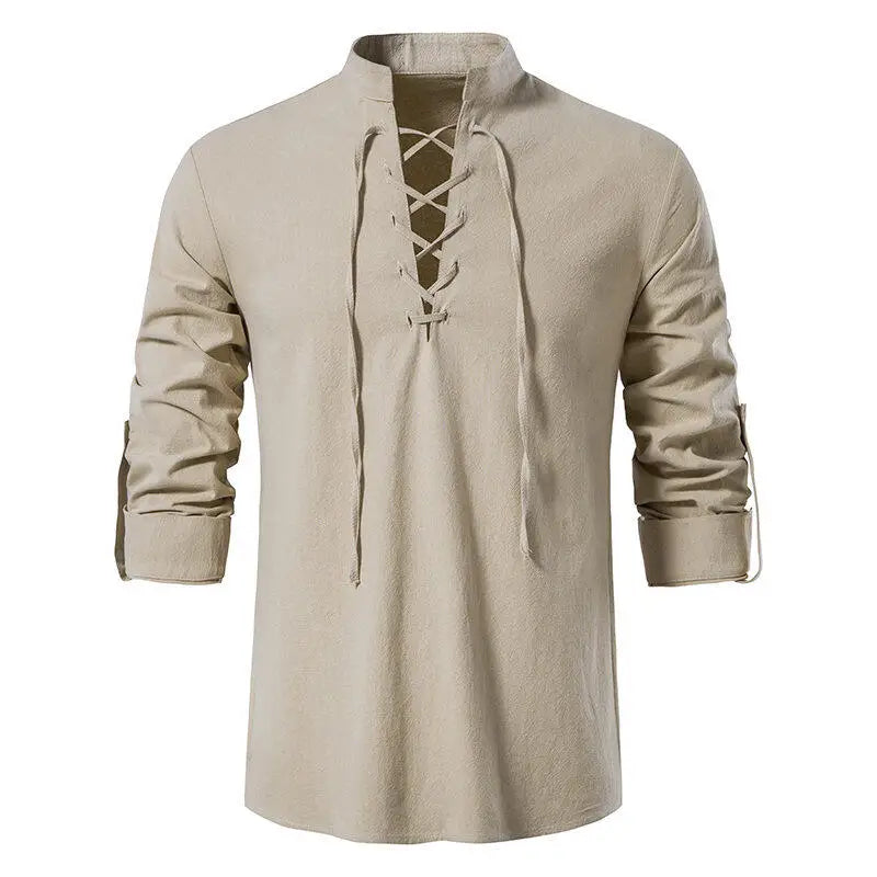 Camisa Henley Casual Masculina com Gola Alta e Mangas Longas com Cordão nos Punhos
