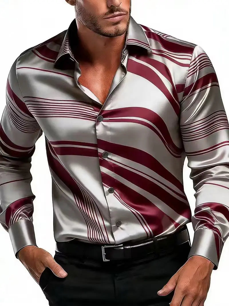 Nova camisa masculina estilosa com estampa 3D de chamas, design casual com botões e manga comprida.