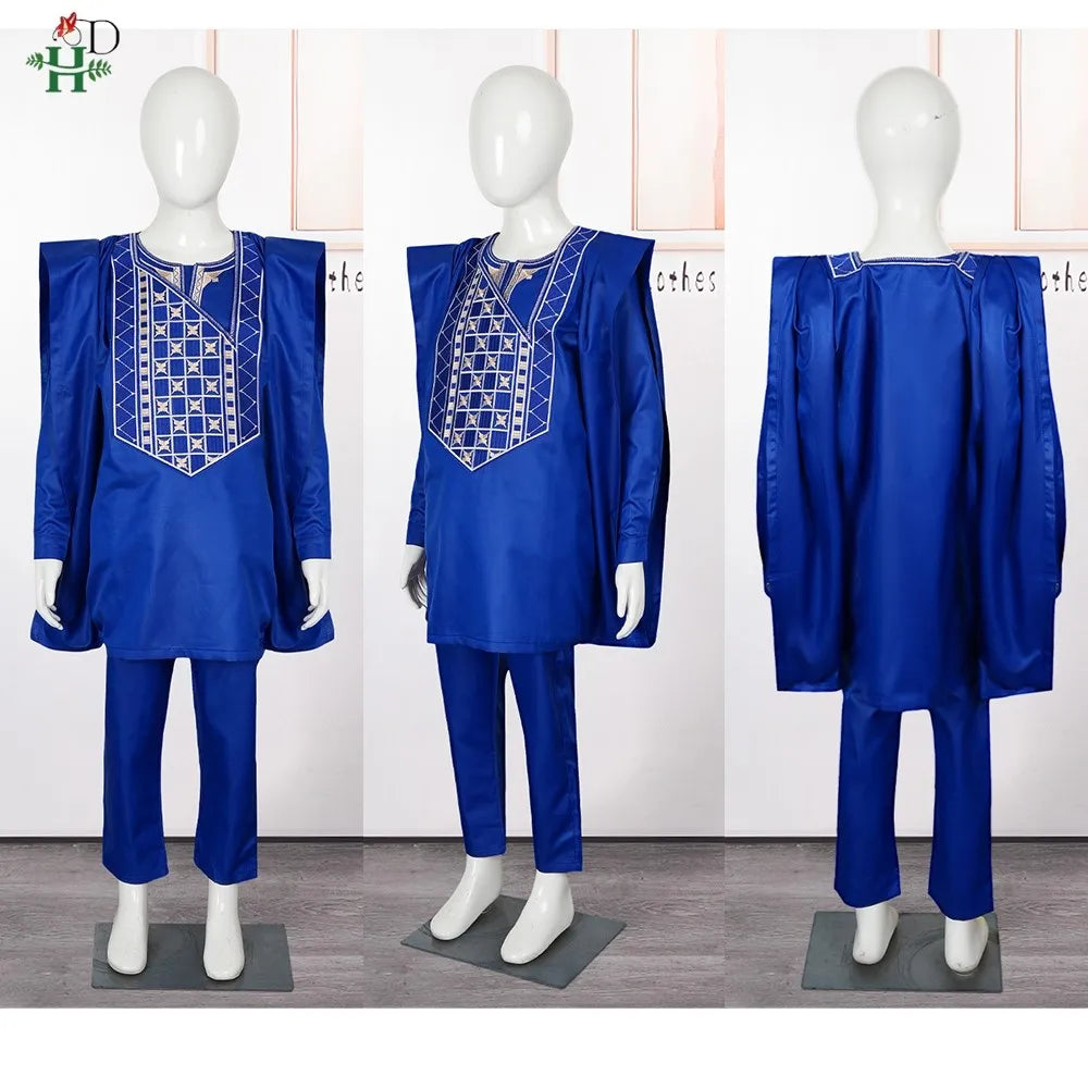 H & d africano crianças roupas tradicionais ancara dashiki para 2-10 anos meninos 3 pçs bordado thobe moda bazin azul kaftan 2025
