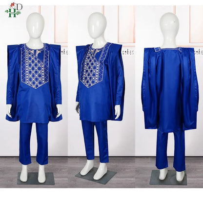 H & d africano crianças roupas tradicionais ancara dashiki para 2-10 anos meninos 3 pçs bordado thobe moda bazin azul kaftan 2025
