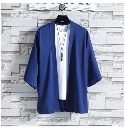 Camisas Kimono Japonesas Masculinas Casuais com Costura Aberta, Yukata Leve e Moderna, Cardigã Preto com Mangas 3/4, Ideal para Férias de Verão