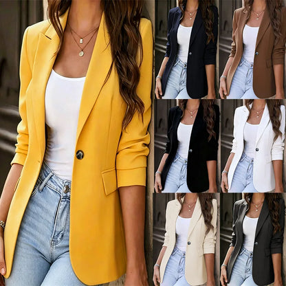 Blazer Feminino Slim de Um Botão com Lapela Entalhada e Manga Longa para Outono/Verão - Casaco Social para Trabalho YZFFS-YY88P35