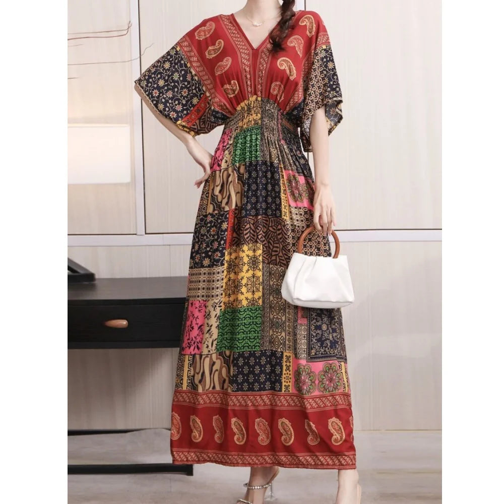 Flor colorida com decote em v elástico jovem boêmio doce midi vestido mulher roupas chique moda vestidos de verão 2025 grande balanço esqui