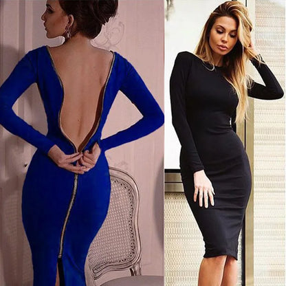Vestido Feminino de Manga Longa com Decote Redondo e Cor Sólida para o Dia a Dia, com Bolso Lateral e Zíper, Design Elegante para Noite e Aniversário