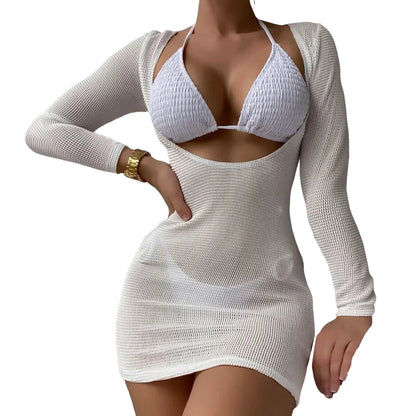 Conjunto de biquíni feminino de 3 peças com sutiã frente única, amarração nas costas e saída de praia em malha. Cor sólida. Ideal para mulheres.